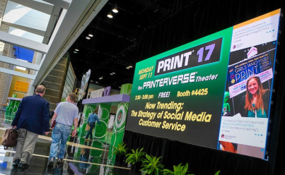 PRINT 17, as well as the print industry in general, is embracing the era of multi-channel communications, as evidenced by the Twitter board greeting attendees as they head onto the show floor.
