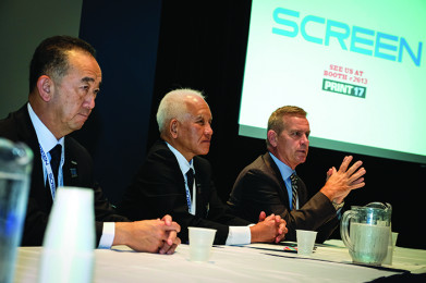 Left to Right: Tsuneo Baba, president and corporate officer, Screen Graphics Solutions Co Ltd.; Yoji Otsuka, president, Screen Americas; and Ken Ingram,&nbsp;VP Sales, Screen Americas.