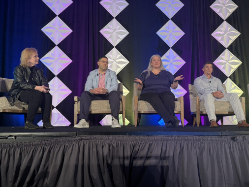 During the workflow panel, (from left) moderator Pat McGrew was joined by Albert Abbatiello, senior vice president, Operations, IMS; Nicole Wood, vice president of operations, Japs-Olsen; and Brent Hagen, chief supply chain officer, Lob.