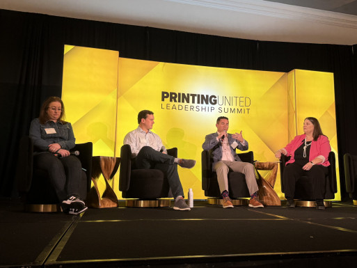 The workforce development panel was moderated by Adriane Harrison, vice president of HR consulting at PRINTING United Alliance (right). She was joined by (from right) Casey Hendrick, COO of United Direct Solutions; Jesse Dodge, CEO Japs-Olson; and Jennifer Pettinger, CEO of Sun Print Solutions.