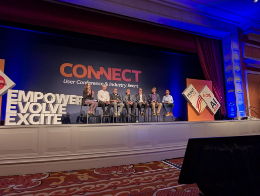 (From left) Ashley Roberts, content director of Printing Impressions, moderated an AI-focused campfire chat with Paul Cook, customer success manager, Graphic Communications; Thomas Dahbura, president, Hub Labels; Dennis Kramer, chief architect, ePS; Erik Peters, worldwide marketing manager, ECO3; Bob Raus, category manager, PRINTOS Workflow, HP; and JohnHenry Ruggieri, president, Sundance USA. 