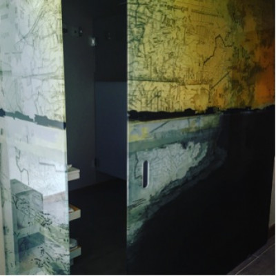 Glass bathroom door at Envoy Hotel in Boston.